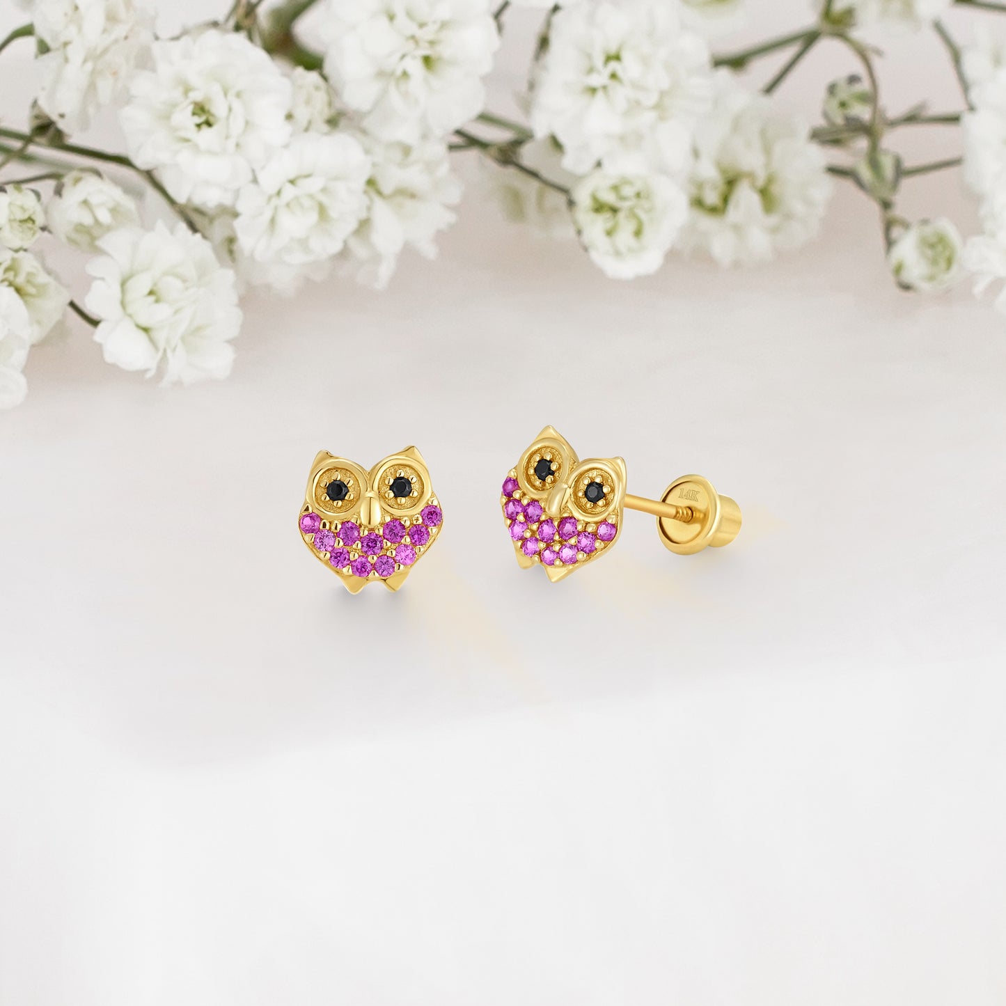 14k Solid Gold Owl Baby Earring