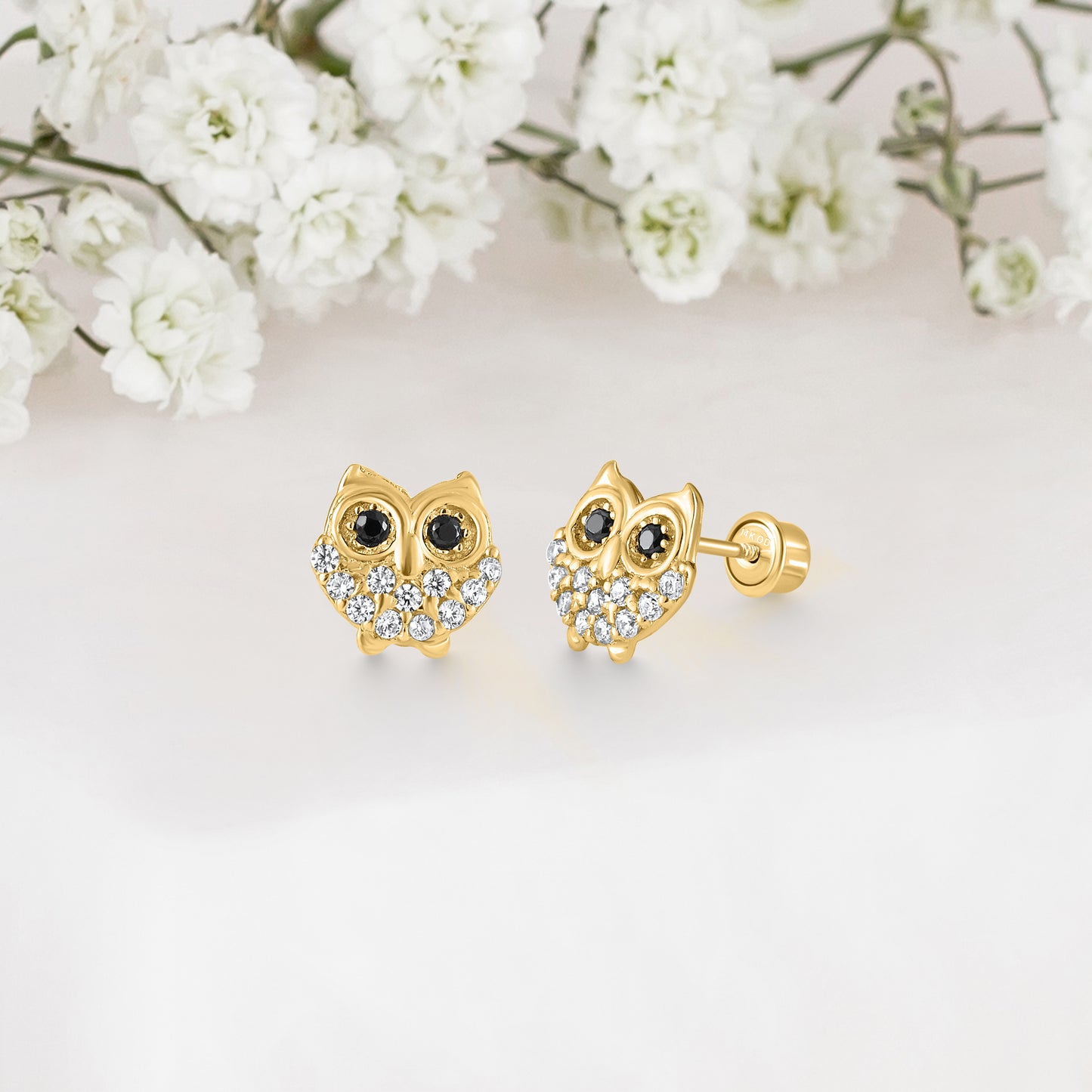 14k Solid Gold Owl Baby Earring